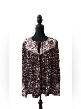 LA Threads Boho Floral Paisley Rayon Peasant Top - Black, Brown & Pink